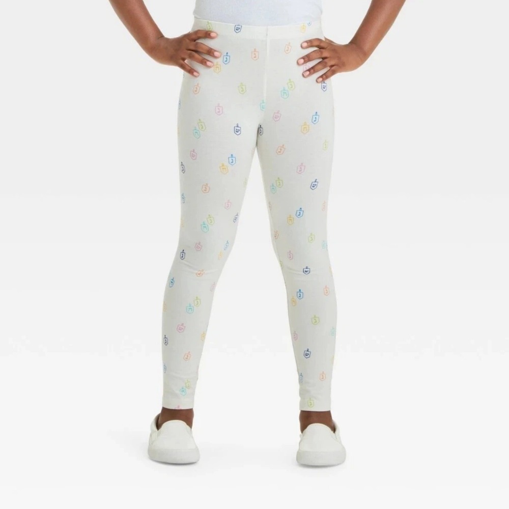 Cat & Jack Girls Large (10/12)‎ Hanukkah Dreidel Leggings Cream Colorful NWT